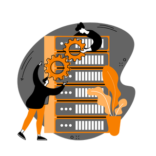 a man working on a computer with a gearwheel