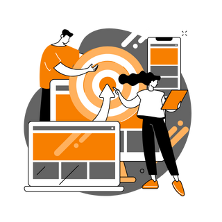 a woman standing in front of a laptop computer