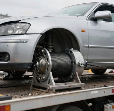 Close-up of a hydraulic winch cable securing a damaged silver sedan on a flatbed tow truck, gritty realistic workshop lighting, 35mm lens