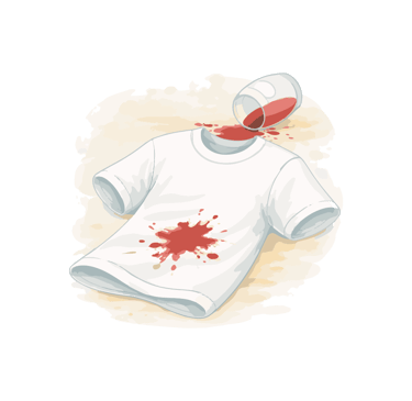 Camiseta blanca con mancha de vino tinto y copa volcada.