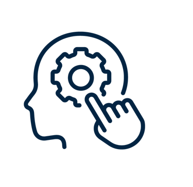Blue line icon of a human profile with a gear and a finger pointing to it, symbolizing mental processing.