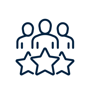 Dark blue outline icon of three people figures with stars representing customer reviews and ratings.