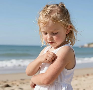 A young girl with blonde hair on a sunny beach, looking down at her arm covered in red, itchy-looking skin rash bump