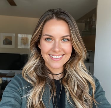 Smiling woman with wavy blonde balayage hair and blue eyes wearing a green blazer in a bright office.