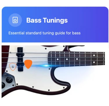 A bass guitar tuning guide featuring a sunburst electric bass with picks and strings.