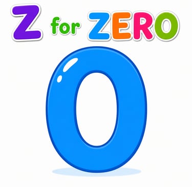 Educational graphic showing letter Z for zero with a large blue number 0 for kids learning.