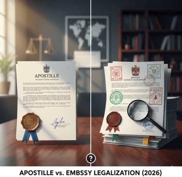 "Comparison of Apostille vs. Embassy Legalization for international document authentication in 2026.
