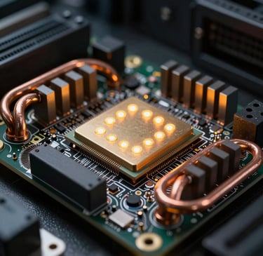 Macro close-up of a high-performance ASIC hashing board, copper heat pipes, and amber LED status lights glowing in a dark server room.