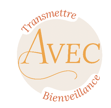 Logo design featuring the French words Transmettre Avec Bienveillance in elegant gold and tan typography.
