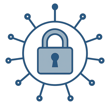 Illustration of a secure padlock at the center of a circular hub with digital connection lines, representing network security and data protection.
