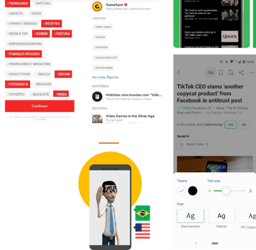 Prints da pagina do flipboard mostrando tags e legendas curtas e visuais.