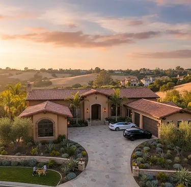 an aerial shot of a California house with huge driveway