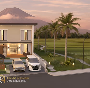 Rumah modern minimalis dua lantai berlatar belakang Gunung Ciremai