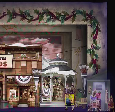 rear projextion screen on stage 1940's setting