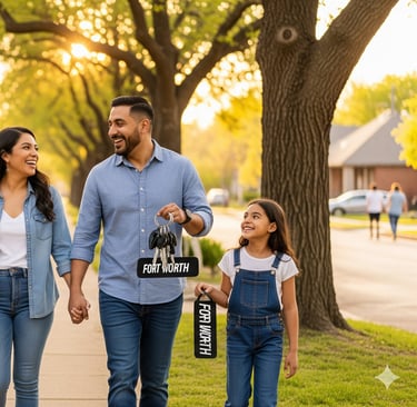 a family walking down a sidewalk with a sign that says for sale