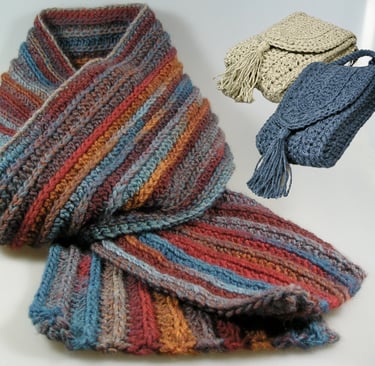 écharpe et cas au crochet en laine et coton