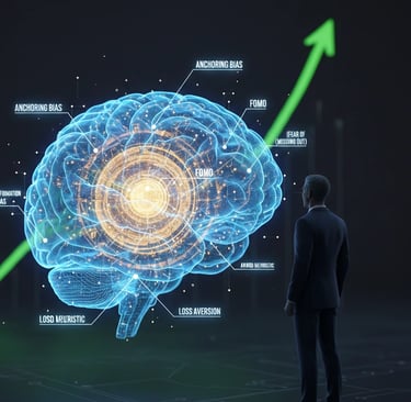 Conceptual illustration of cognitive biases like anchoring and FOMO influencing venture capital inve