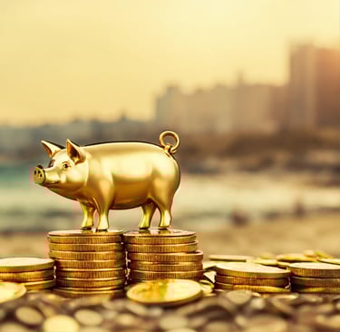 a golden piggy on top of golden coins at the beach