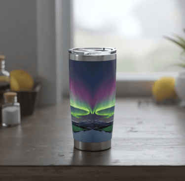 a 20oz Tumbler of coffee with a colorful aurora