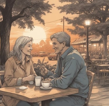 Sketch art of a middle-aged couple on a first date after divorce, sitting at a cozy outdoor café.