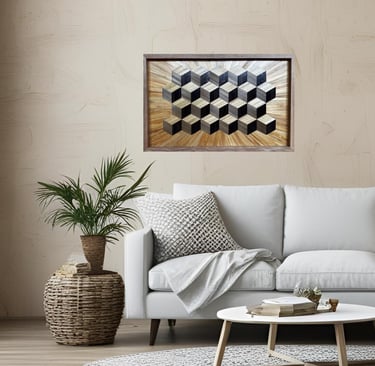 tableau en marqueterie de paille cubes d'oeben