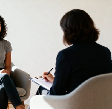 a woman in a chair talking to a man in a chair