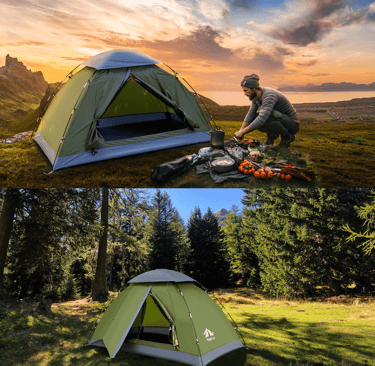 a man is setting up his tent in the mountains