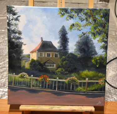 a painting of a house with a fence adorned with hanging flowers
