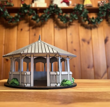 laser cut and painted wooden model of Palmerton Park gazebo