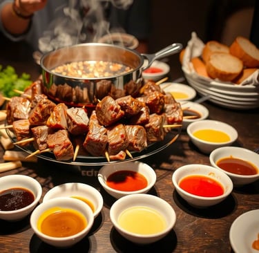 beef Fondue with fondue pot and sauces