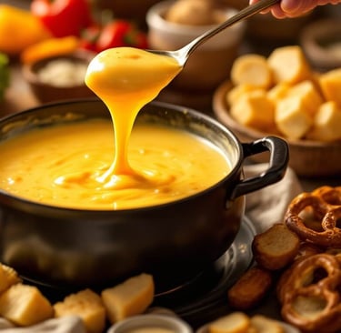 beer and cheese Fondue with pretzels and pieces of bread