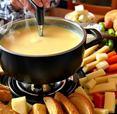 swiss Fondue with bread and Swiss cheese