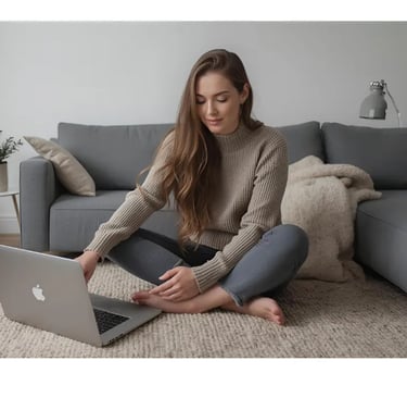a woman sitting on a couch with a laptop