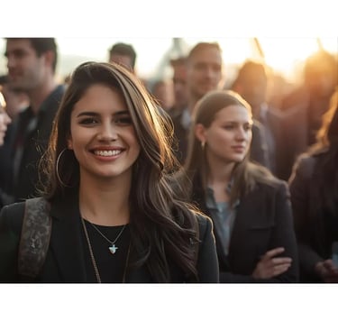 a woman in a black jacket and a man in a suit and tie