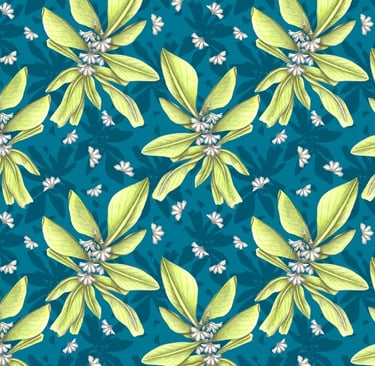 Hand-drawn tropical plant pattern with a blue backgorund