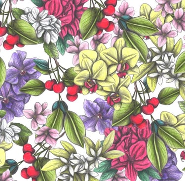 Hand-drawn flowers and cherries pattern with a white background