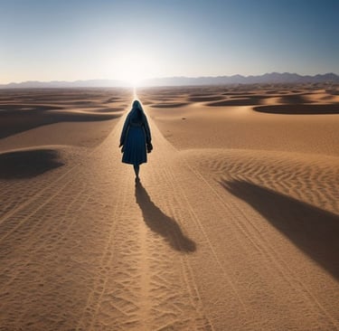 figura camina en el desierto guiada por la luz