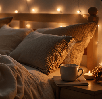 Dimly lit bedroom nightstand with a cup of tea, journal, and lit candles, creating a cozy sleep-read