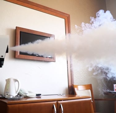 Sosteniendo una máquina de niebla fría Bactakleen en su mano durante el funcionamiento.