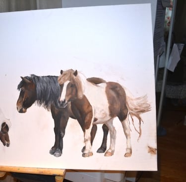 a painting of three ponies drawn on a canvas