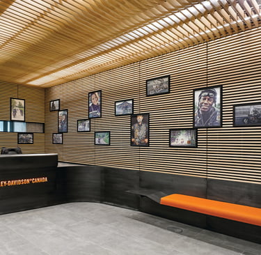 High-res front desk of Harley Davidson, with metal desk and features made by Pengelly
