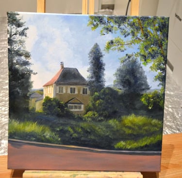 a painting of a house with a red roof beside a red road