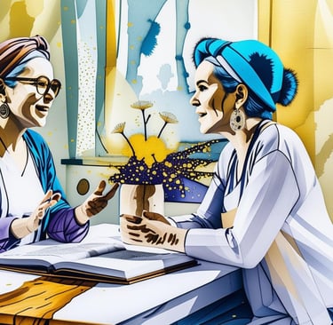 two women sat chatting across a kitchen table