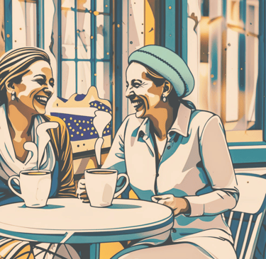 Two women sat drinking coffee together