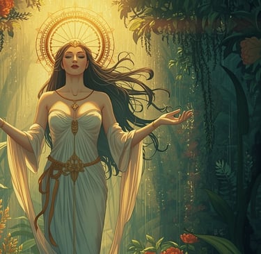 uma mulher de vestido branco em pé numa floresta