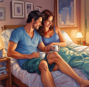 a couple reconnecting in a cozy bedroom after putting kids to bed showing signs of ignited intimacy.