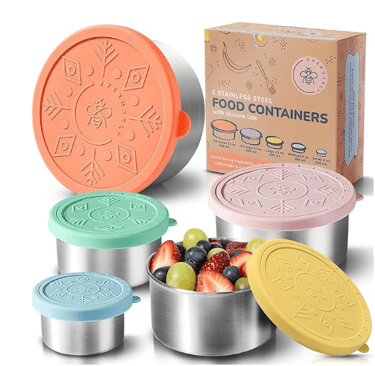 Everusely set of 5 nesting stainless steel food containers with colorful silicone lids.