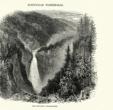 a pen and ink drawing of a mountain waterfall