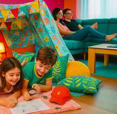 Crianças brincam numa sala acolhedora com sofá modular infantil, tapete macio, brinquedos acessíveis