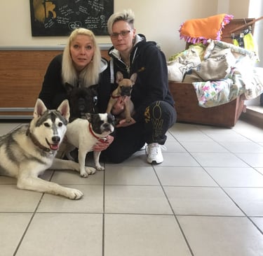 zwei Frauen und vier Hunden